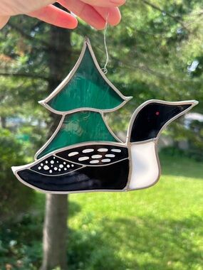 Vintage Stained Glass Loon Window Sun-catcher Pine Tree Black Green 6x7
